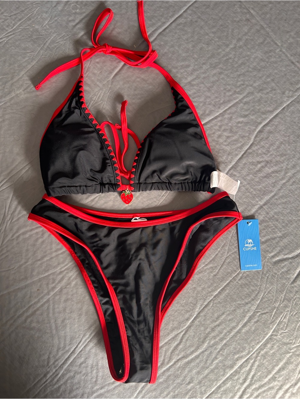 Cupshe Black & Red Lace-Up Triangle Bikini Set
